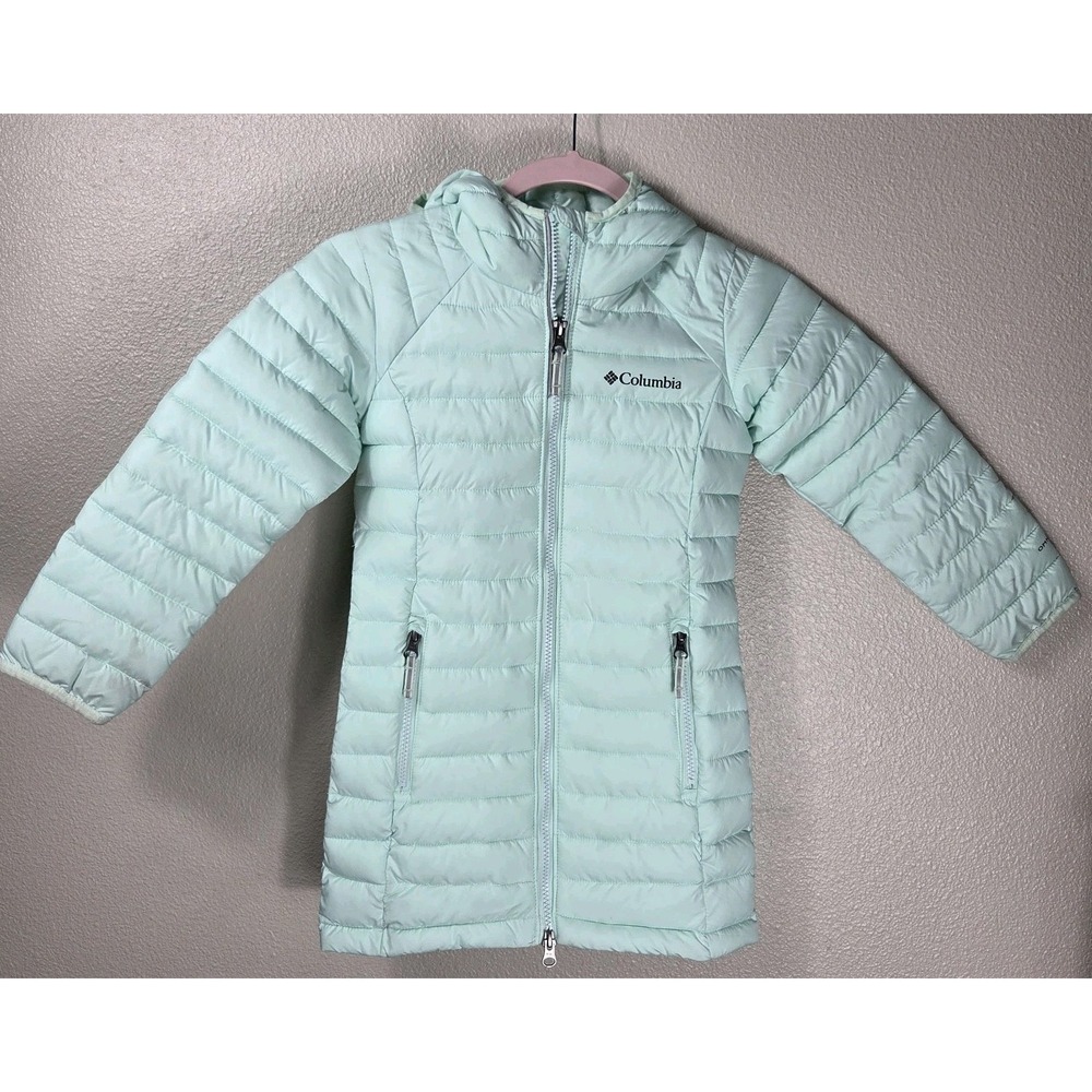 Columbia Girls Omni-Heat Hooded Puffer Jacket XXS 4/5 Mint Green Long Coat